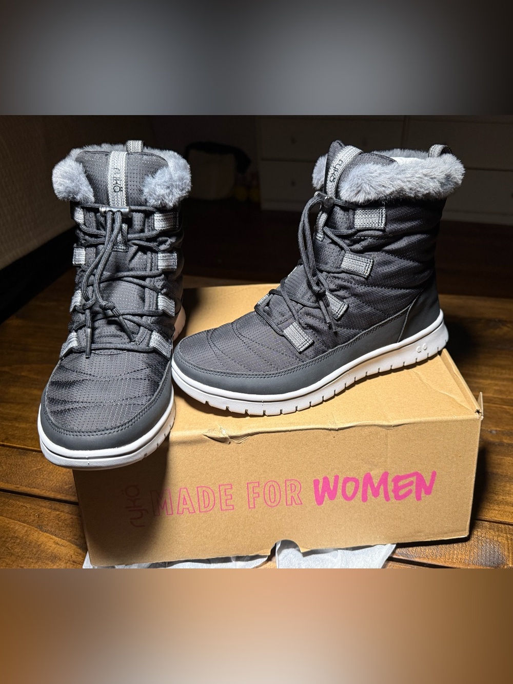 Ryka Women's Dark Gray Lace-Up Winter Boots with Faux Fur Cuff
